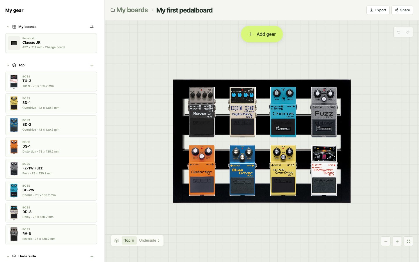 Pedaltrain Classic JR에 BOSS 페달 여덟 개를 두 줄로 배치하고 장비 목록과 보드 치수를 함께 보여주는 Pedal Canvas 편집 화면.
